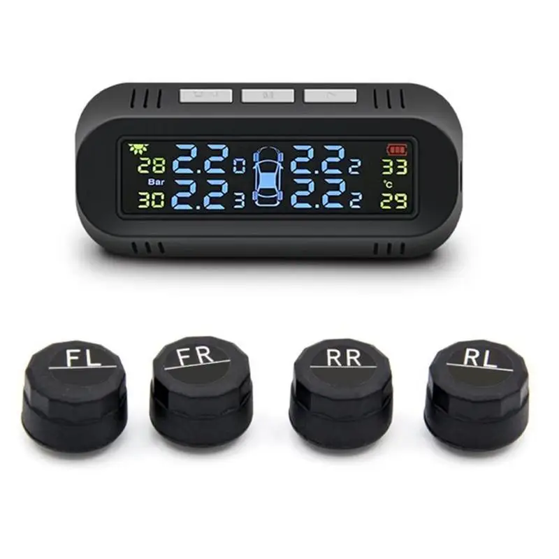 

Solar Wireless TPMS Tire Pressure Monitoring System With 4 External Sensors LCD Display Real-time Alarm Function For Vehicles