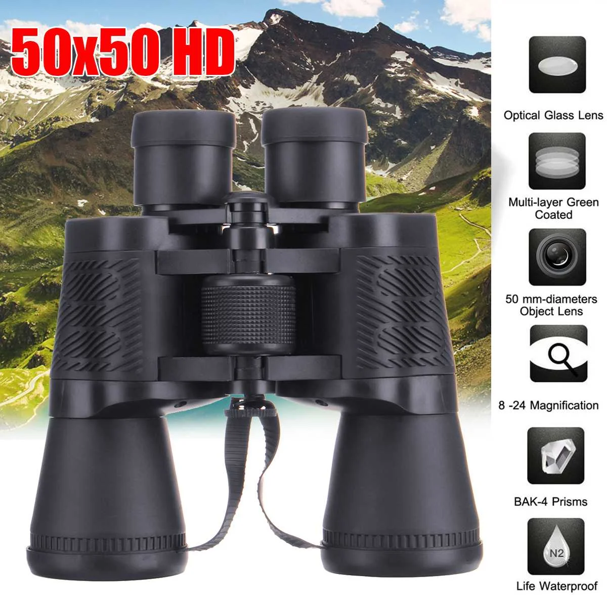

50X50 HD Telescope with Belt Filter High Power High Definition Night Vision Binoculars Optics Outdoor Hunting Camping Travelling