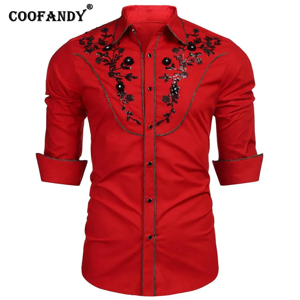 

Casual Casual Formal Embroidery Sequin Fashion Shirt Men Floral Autumn Buttons Western Spring Embroidery Patchwork