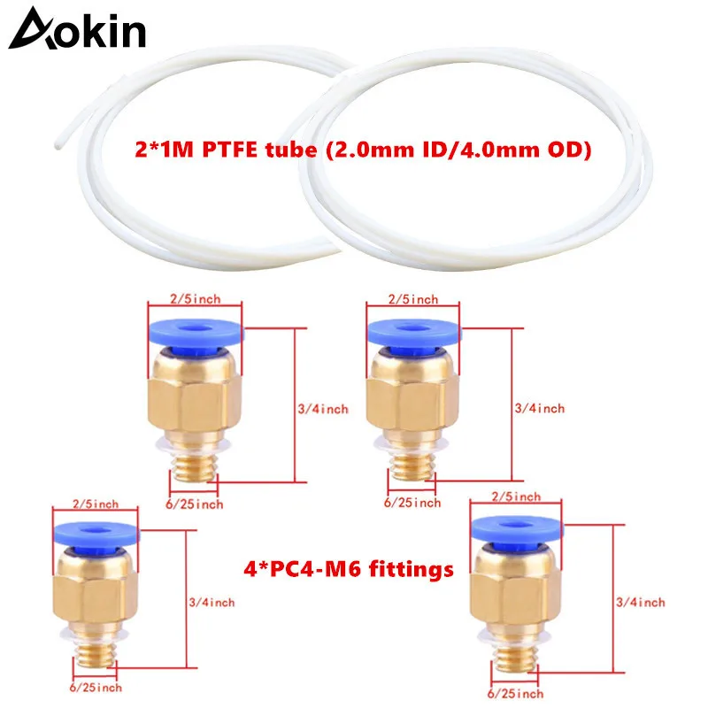 Aokin PTFE تفلون أنبوب مع PC4-M6 هوائي موصل مستقيم النحاس جزء ل Mk8 3D طابعة 1.75 مللي متر خيوط M6 تغذية المناسب