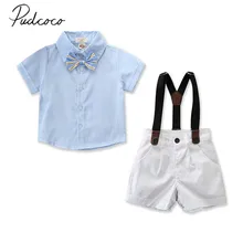 Фирменная Новинка для новорожденных мальчиков Одежда для джентльмена Одежда синий короткий рукав Рубашка с галстуком Топы+ комбинезон Брюки Наряд От 6 месяцев до 5 лет