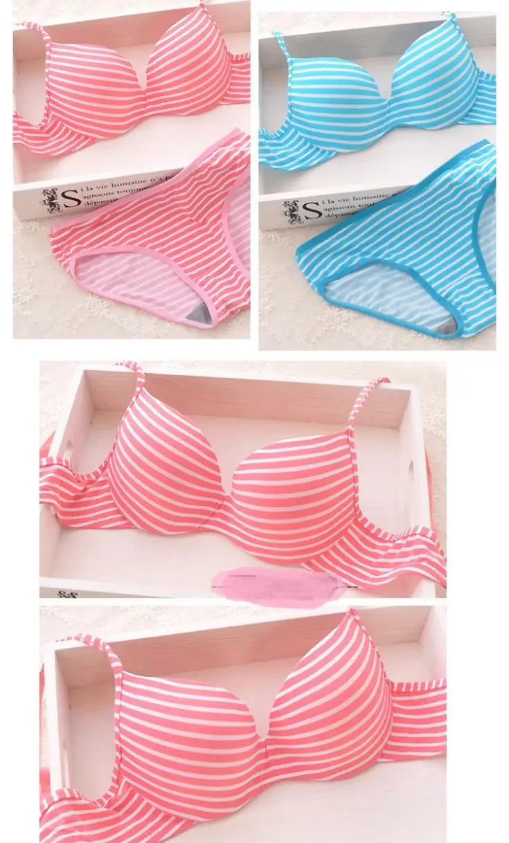 New 2014 cotton striped seamless push up thin cup lingerie set for girl cute and comfortable bra underwear set()