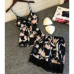 2019 весна лето сексуальный цветочный принт из двух частей пижамы v-образный вырез модный полый кружевной нагрудный коврик имитация шелковых