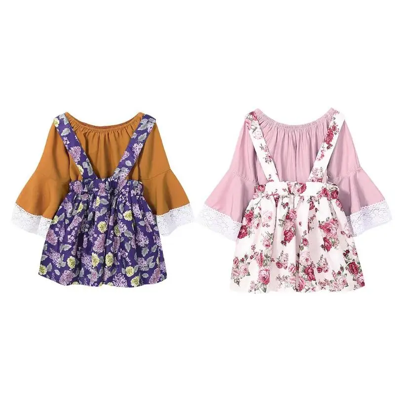 

2pcs/set Cute Baby Girls Long Flare Sleeve Tops Floral Print Suspender Dress Kids Casual Autumn Winter Round Neck T-shirt Dress