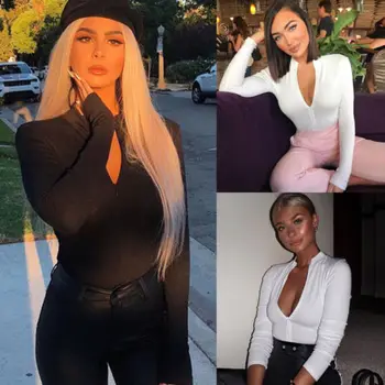

Women Ladies Jumpsuit Bodycon Bodysuits Leotard Print O-Neck Top Romper Long Sleeve Solid Zipper Shirts