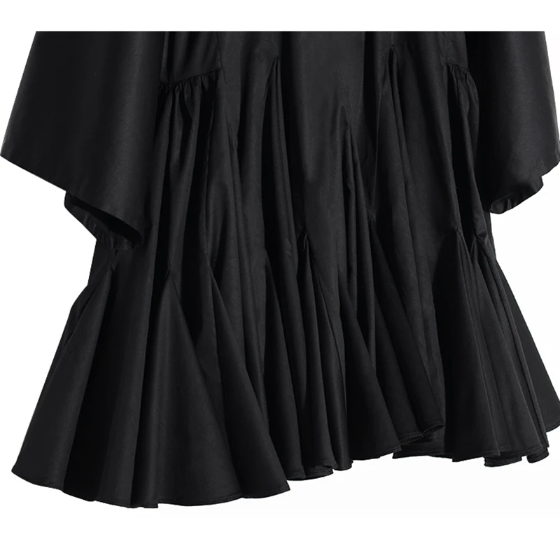 [EAM] новое осенне-зимнее черное плиссированное платье с круглым вырезом и длинным рукавом с неровным темпераментом Женская мода JS679