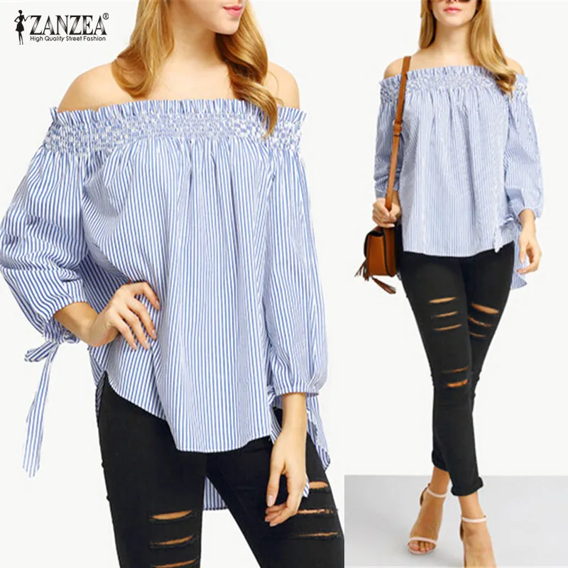 

ZANZEA Womens Summer Blouses 2019 Spring Sexy Off Shoulder Tops Striped Bow Casual Blusas Femme Plus Size Party Shirt Vestidos
