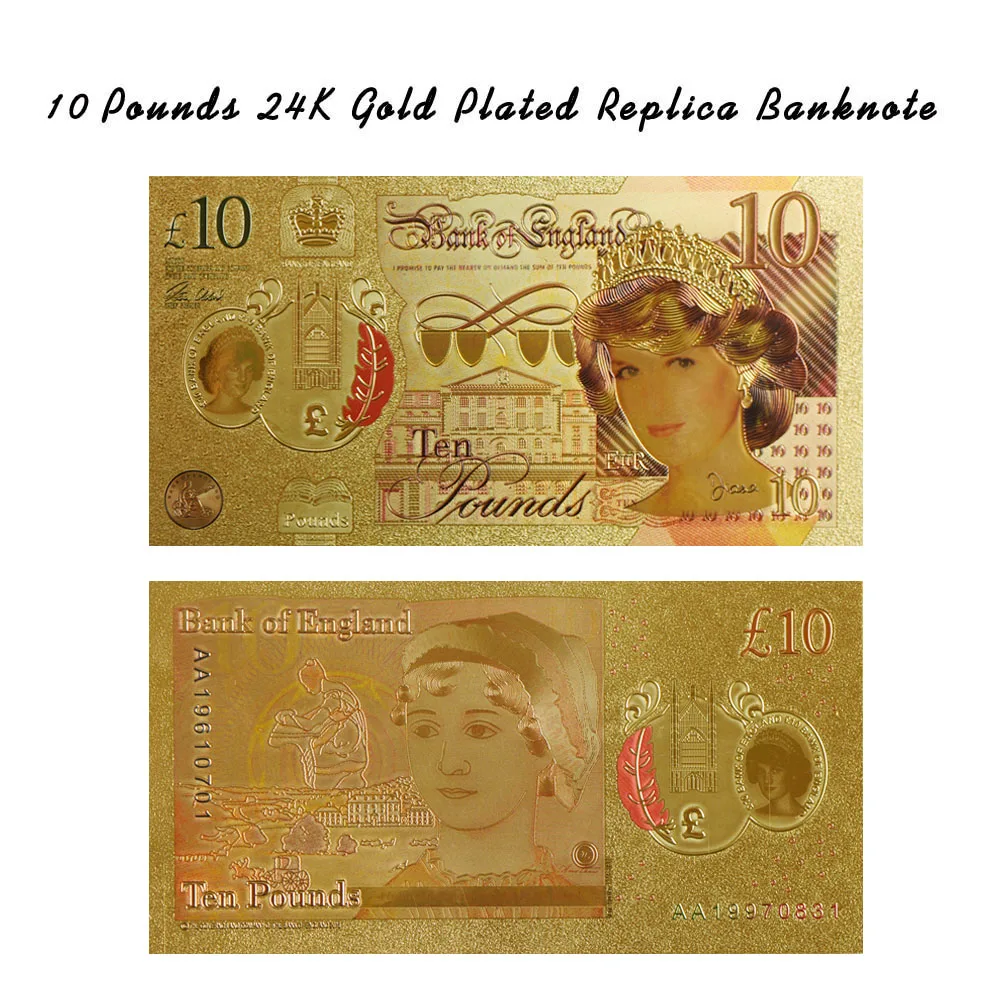 WR принцессы Уэльской золотые банкноты качество 999 с покрытыем цвета чистого 24 каратного золота Фольга банкнот принцессы Дианы десять фунтов кредитки золота
