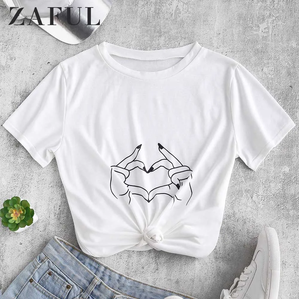 ZAFUL Жест Графический Футболка С Коротким Рукавом Шею Сердце Футболки Streetwear