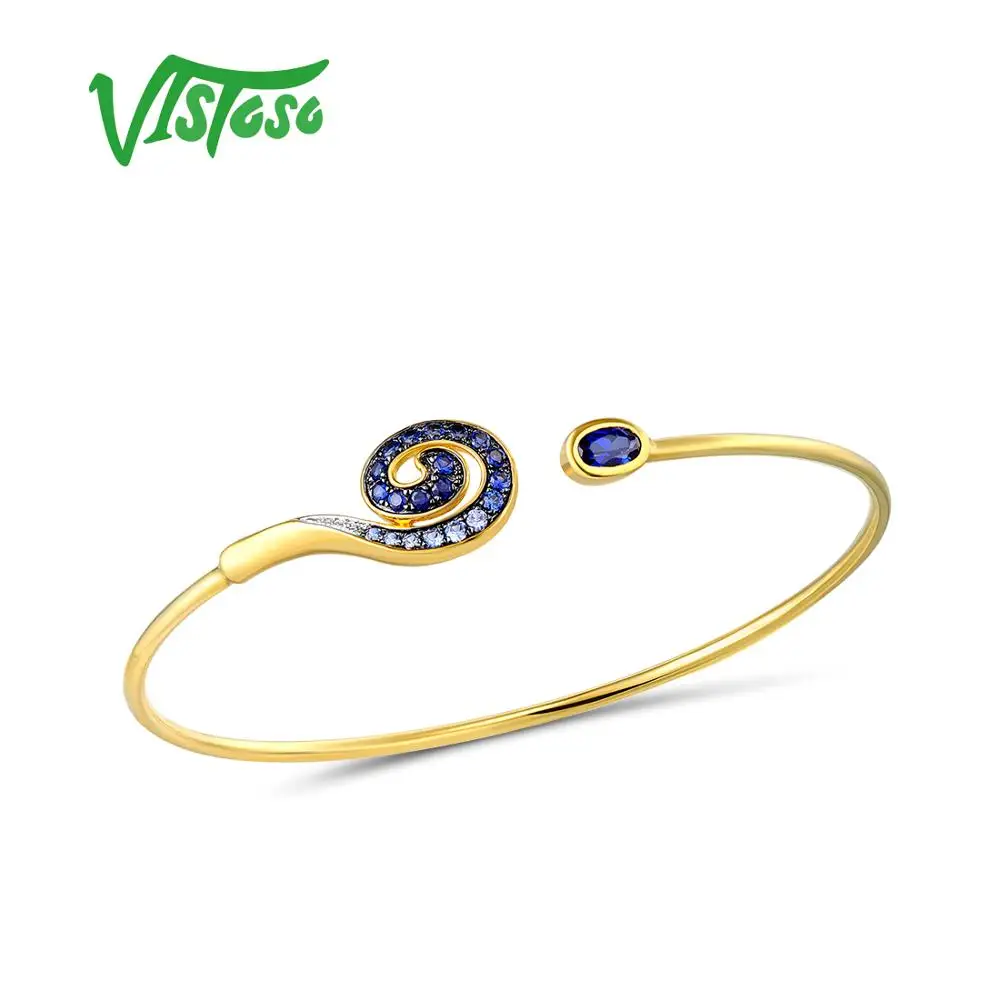 

VISTOSO 10K Yellow Gold Created Sapphire&White Sappire Unique Bangle For Lady Engagement Anniversary Trendy Elegant Fine Jewelry