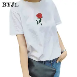 BJYL Harajuku цветок печатных футболки Для женщин с круглым вырезом плюс Размеры корейский стиль Повседневное Базовая футболка Femme модные Для