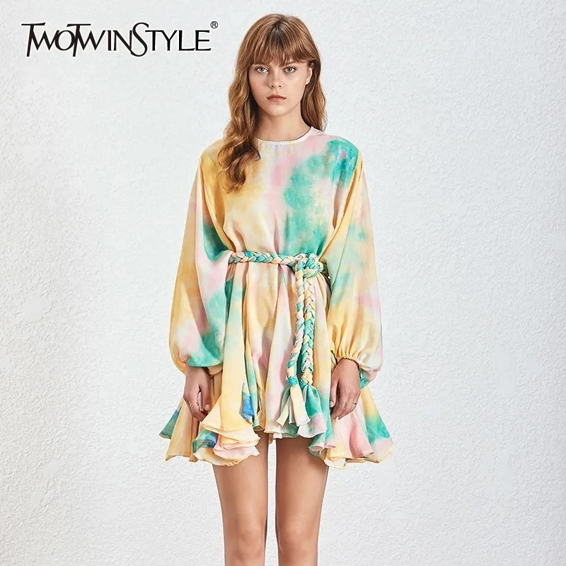 

TWOTWINSTYLE Spring Irregular Hit Color Patchwork Womens Dress O Neck Puff Sleeve Bandage Dresses Female 2019 Casual Fashion New