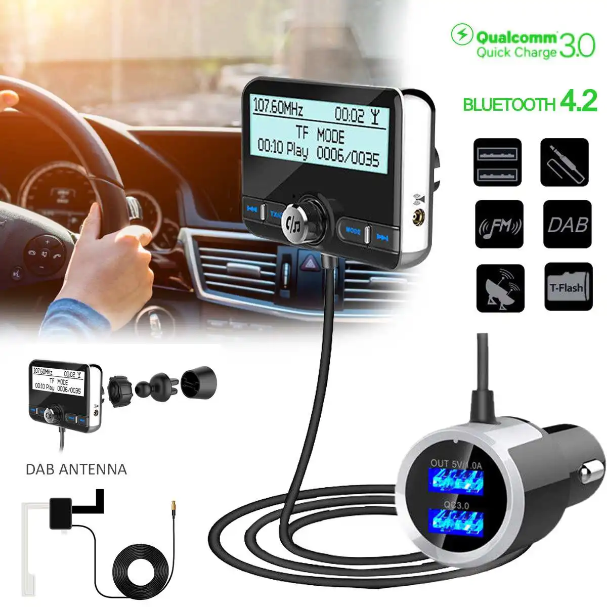 

Portable In-Car DAB Radio Receiver Tuner USB Adapter bluetooth FM Transmitter AUX Antenna LCD Display Digital Radio Music Player