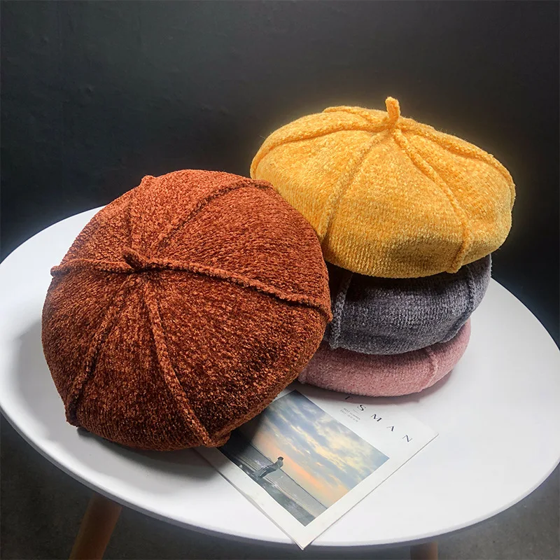 

Adult Hat For Korean Version Ladies Chenille Berets British Japanese Pumpkin Hat Personality Octagonal Caps Literary Painter Hat