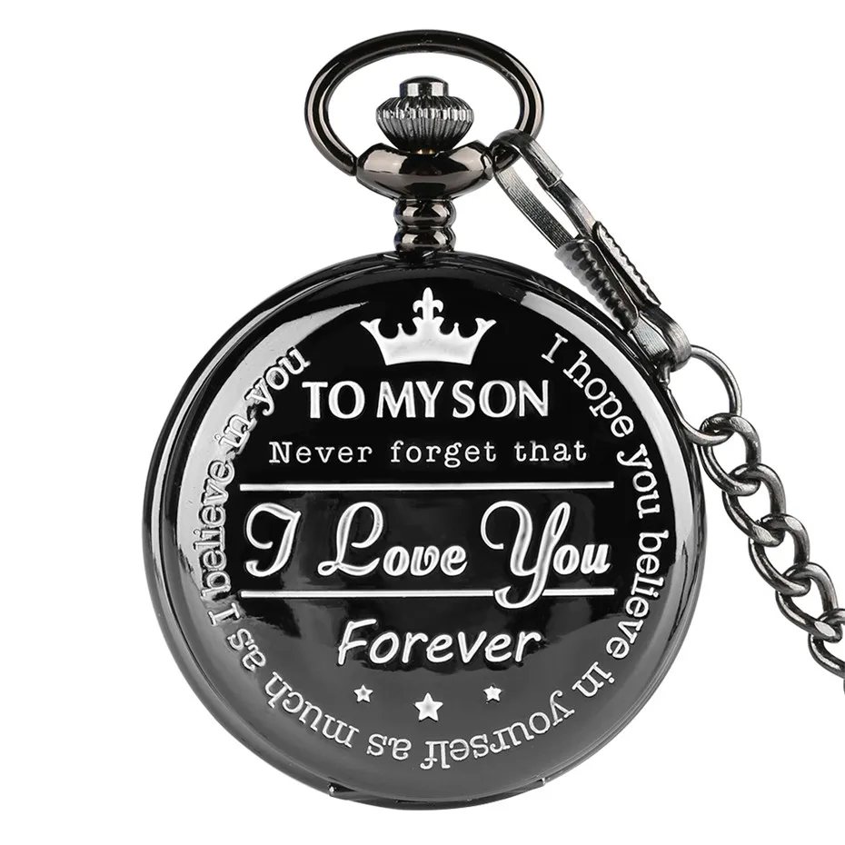 "To MY SON' Engraving Word Black Pocket Watch Men Roman Number Watches