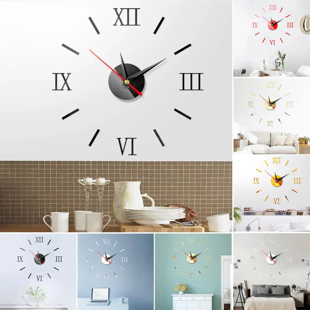 DIY Large Number Wall 3D Clock Mirror Sticker Modern Home Office Decor Art Decal