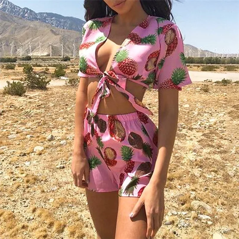 

2019 Pajamas Women Sleep Lounge Pajama Set Sexy Satin Sleepwear Women Summer Femme Fashion Printing Pink Pineapple