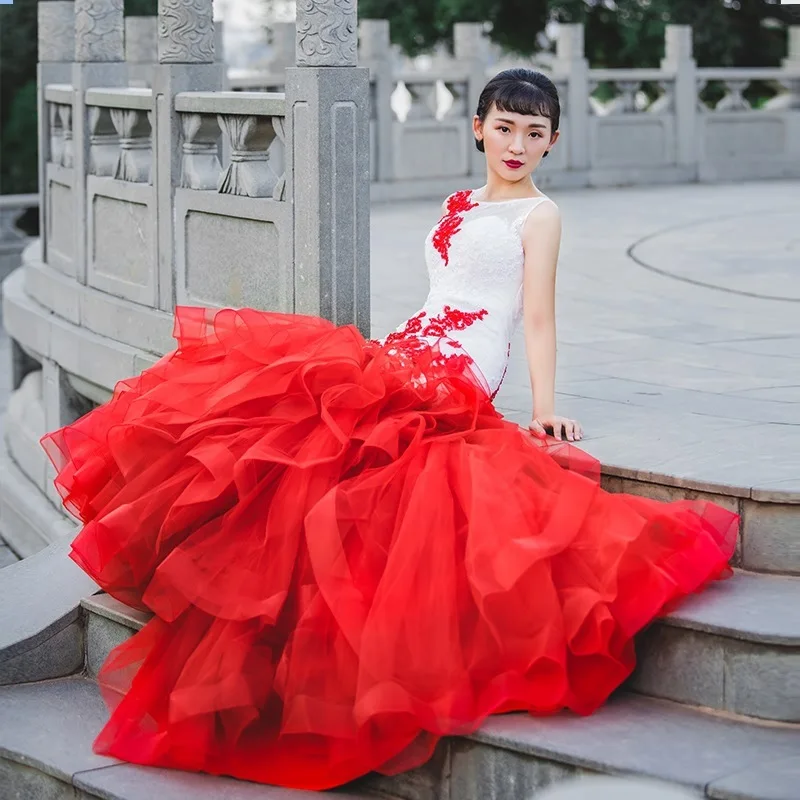 

Mingli Tengda Custom New Red Applique Mermaid Wedding Dresses Sleeveless Beaded Luxury Ruffles Royal Blue Wedding Dress Gelinlik