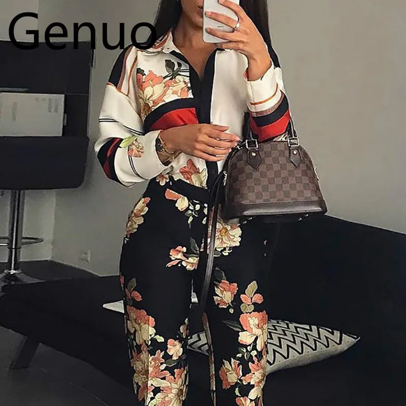 

Turn down collar jumpsuits women Floral printed long sleeve jumpsuits romper Vintage spring long pants jumpsuit Plunging overall