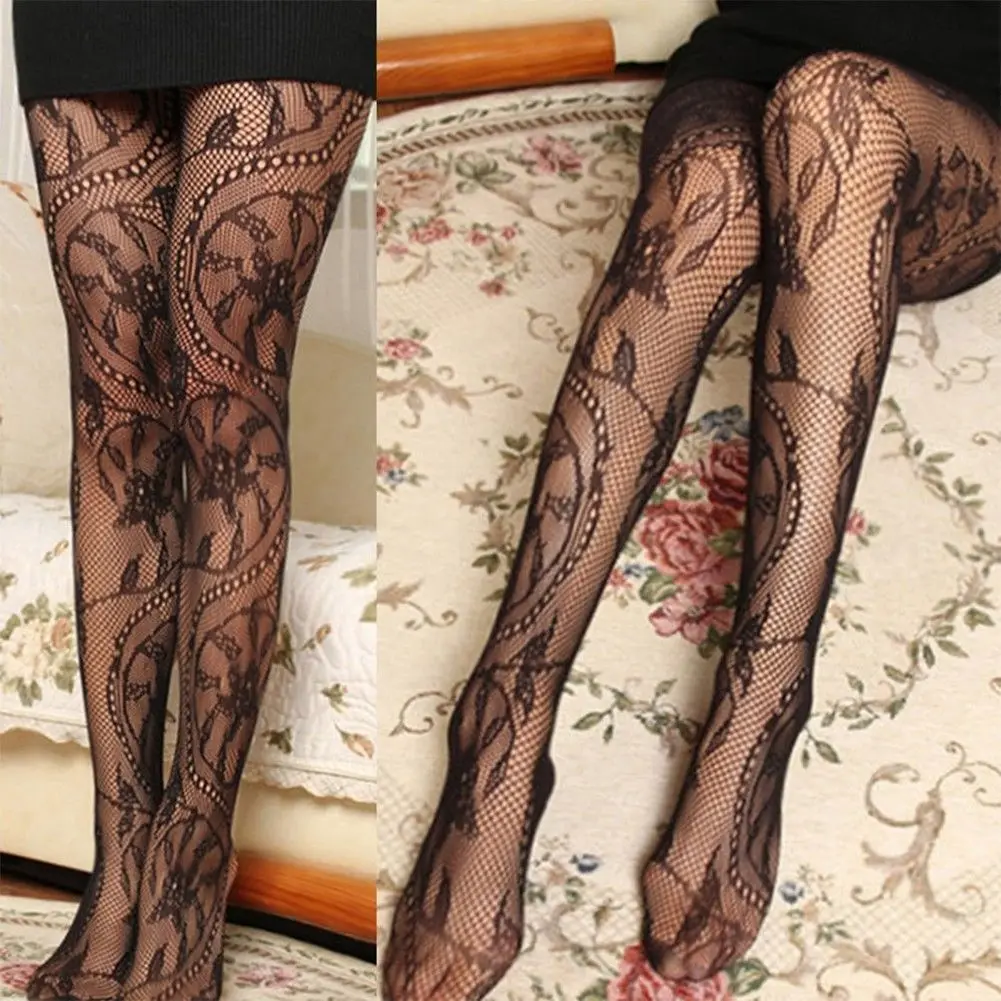 Hirigin Women Black Fishnet кружево с цветочным узором Jacquard чулки колготки обтягивающие