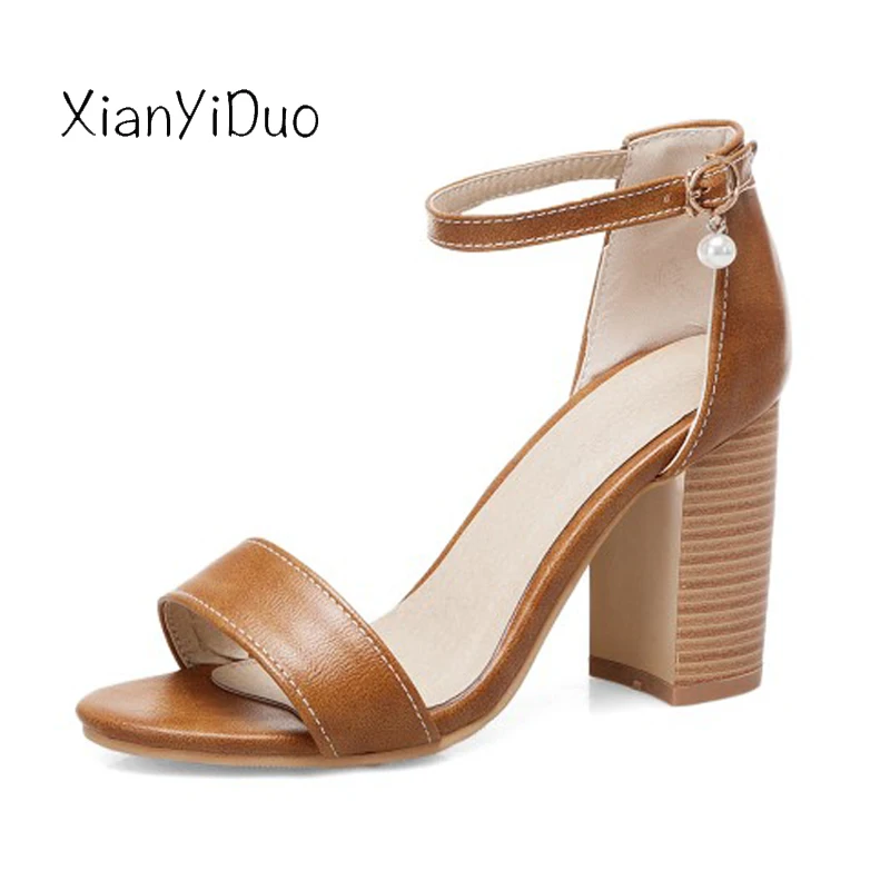 

Xianyiduo 2019 new Summer fashion Women's shoes high heels open toe classic Sandals ankle-wrap Large plus size 34-50 Beige/t8611
