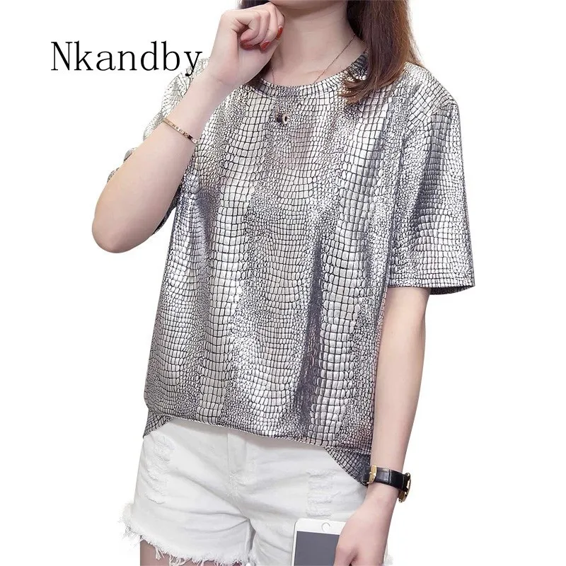 

Nkandby Metallic Womens Tops And Tees Summer Fashion Short Sleeve Gold Silver Tshirt Femme Vogue Loose Plus Size Ladies T Shirt