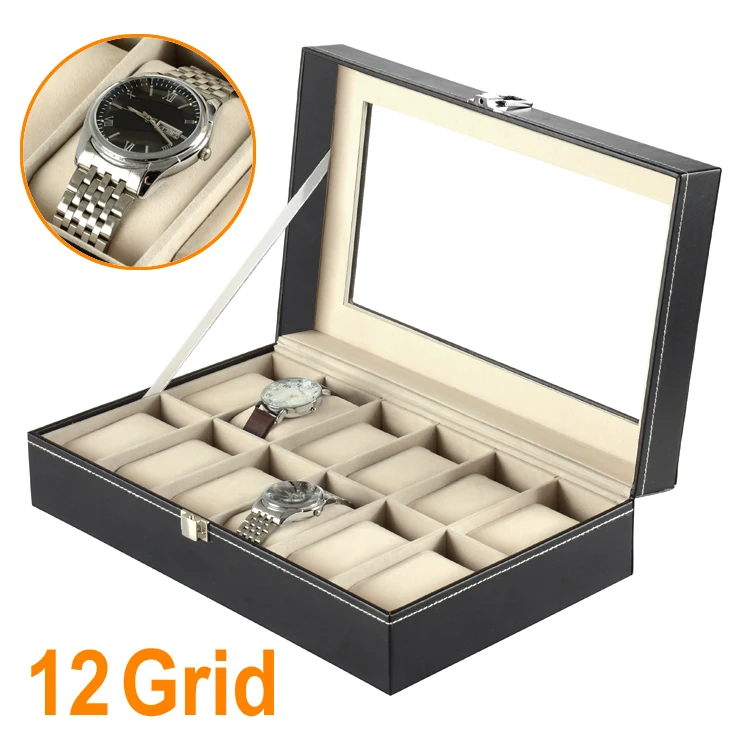 

12 Grid Faux Leather Watch Display Box Case Black