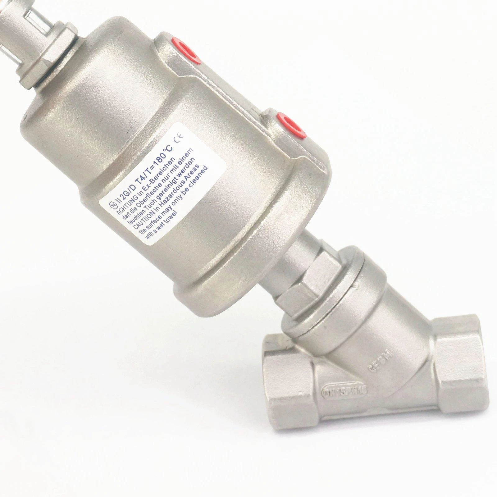 Sorekarain 1/2 BSPT Female Double Acting 304 Stainless Actuated Pneumatic Angle Seat Steam Valve with Plastic Head Sorekarain 1/2 BSPT Female Double Acting 304 Stainless Actuated Pneumatic Angle Seat Steam Valve with Plastic Head