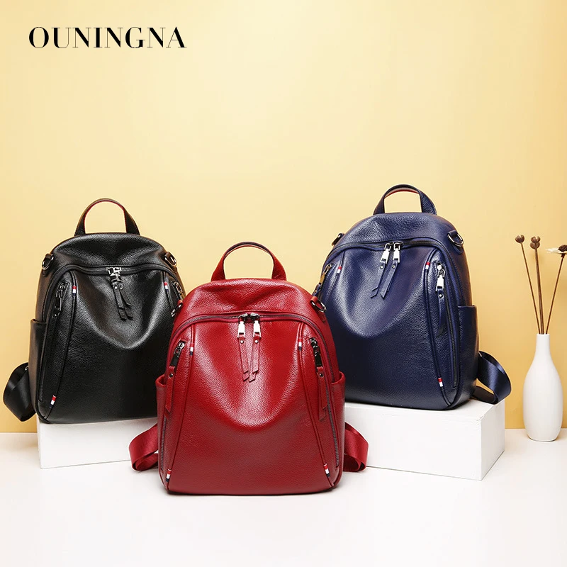 

OUNINGNA 2019 New fashion casual leather women's backpack double zipper large capacity travel backpack