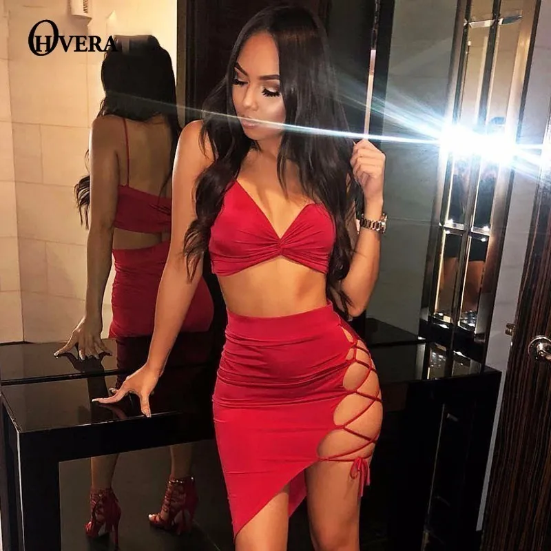 

Ohvera Backless 2 Piece Set Women Spaghetti Strap Crop Top And Bodycon Mini Skirt Summer Outfits Bandage Sexy Two Piece Set