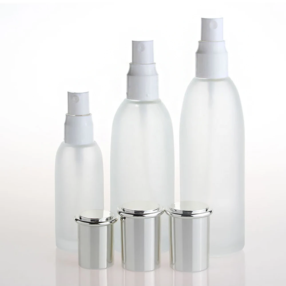 

Refillable frosted glass spray bottle 120ml, empty cosmetic packaging 4 oz. glass pump bottle for lotion serum