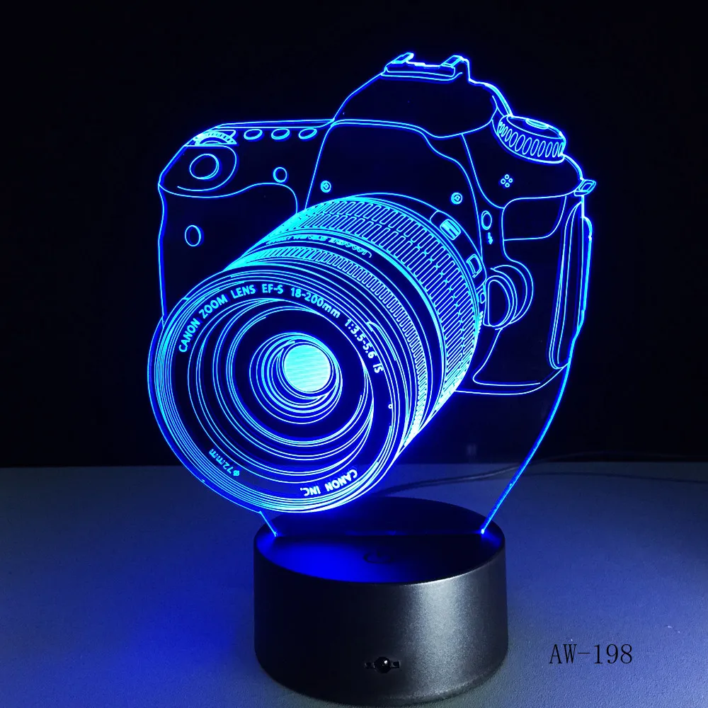 Novelty Canon Camera 3D Lamp LED Battery Power Light Touch 7 Colors Changing USB Table Night