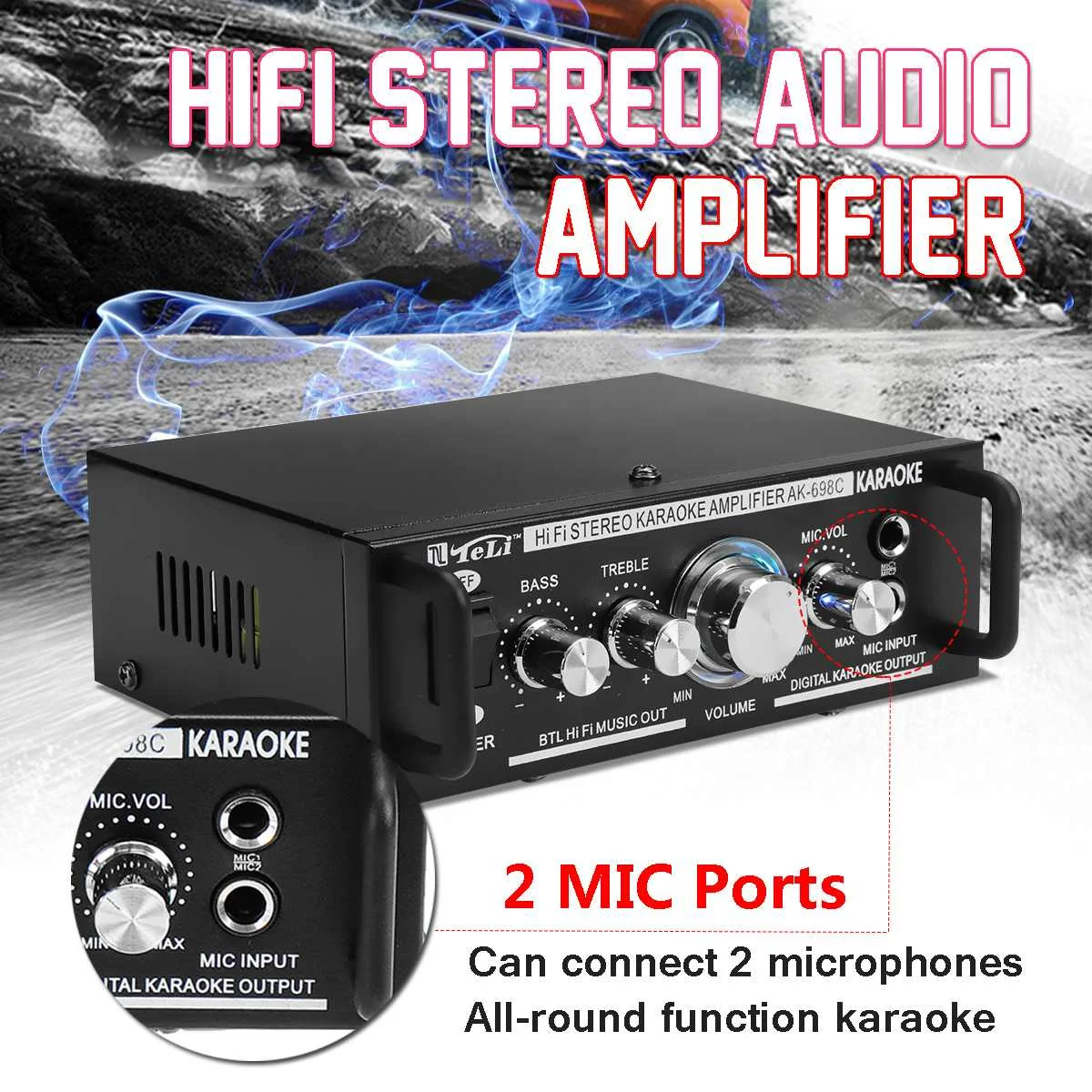 600W 12V/220V 2 Mic Stereo Speaker Mini Car Home Bass Power Amplifier