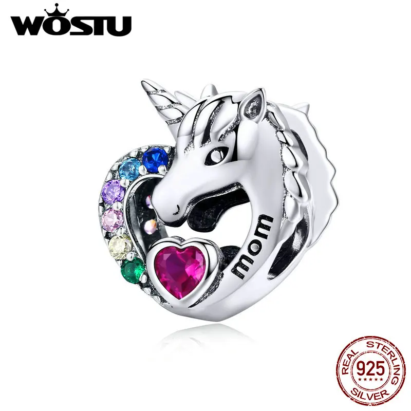 

WOSTU 2019 Unicorn Mom Beads 925 Sterling Silver Multi-Color Heart Charms Fit Original Bracelet Charm For Making Jewelry CQC1160