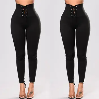 

Newest Women's Straps Full Length High Wist Black Color Casual Pencil Pants Clothes Size S M L XL