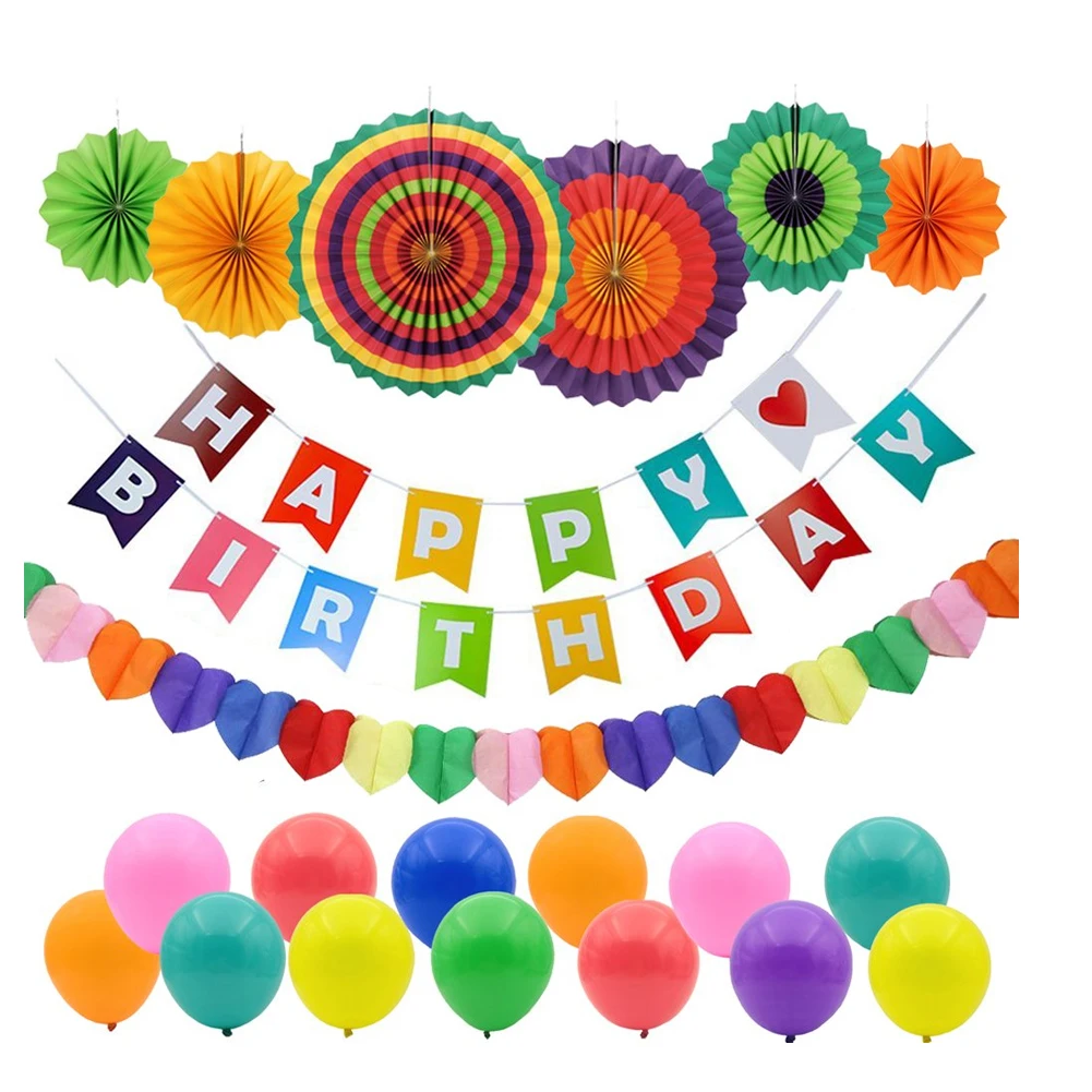 Happy Birthday Party Decorations Banner Garland Colorful Fiesta Paper Fans Latex Balloons Rainbow 27pcs/set | Дом и сад