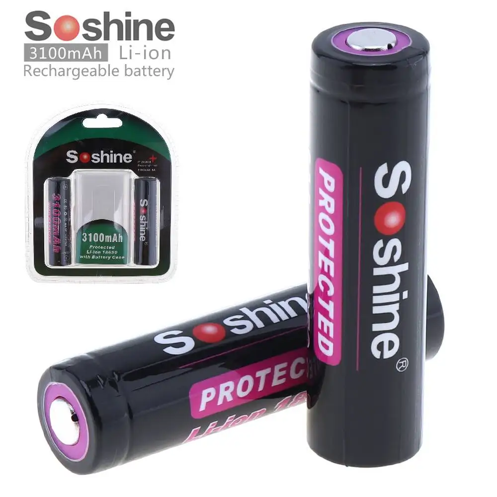 2 шт Soshine 18650P 3100mah 18650 3,7 v литий-ионная аккумуляторная батарея с защищенной печатной платой+ чехол для батареи