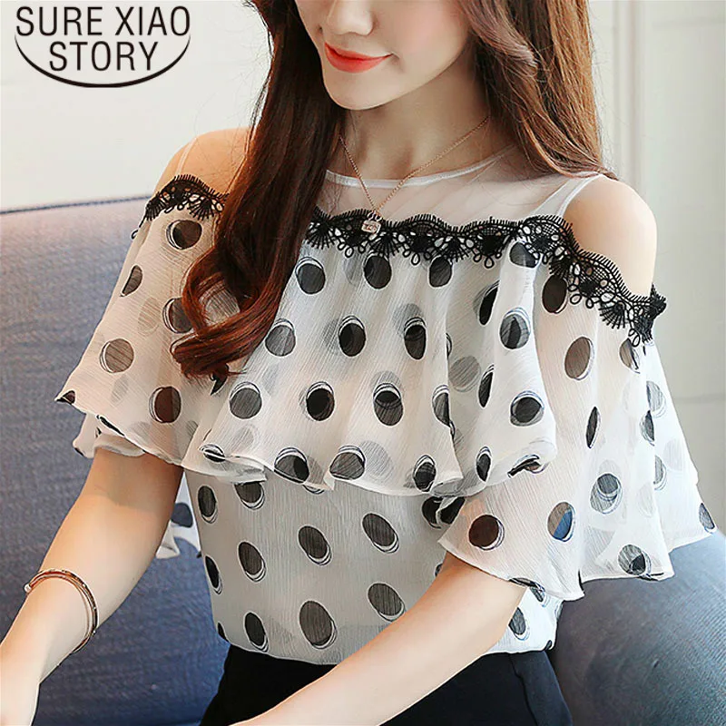 

blusas mujer de moda 2019 womens tops and blouses O-Neck Butterfly Sleeve Print Ruffles Short chiffon blouse 0611 40