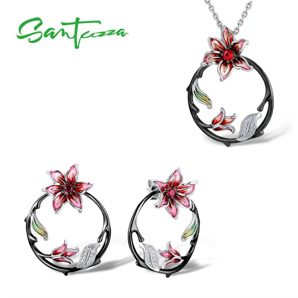 SANTUZZA conjunto de joyas de plata para las mujeres rama pendientes flor colgante de plata de ley 925 joyería de moda de esmalte - 1