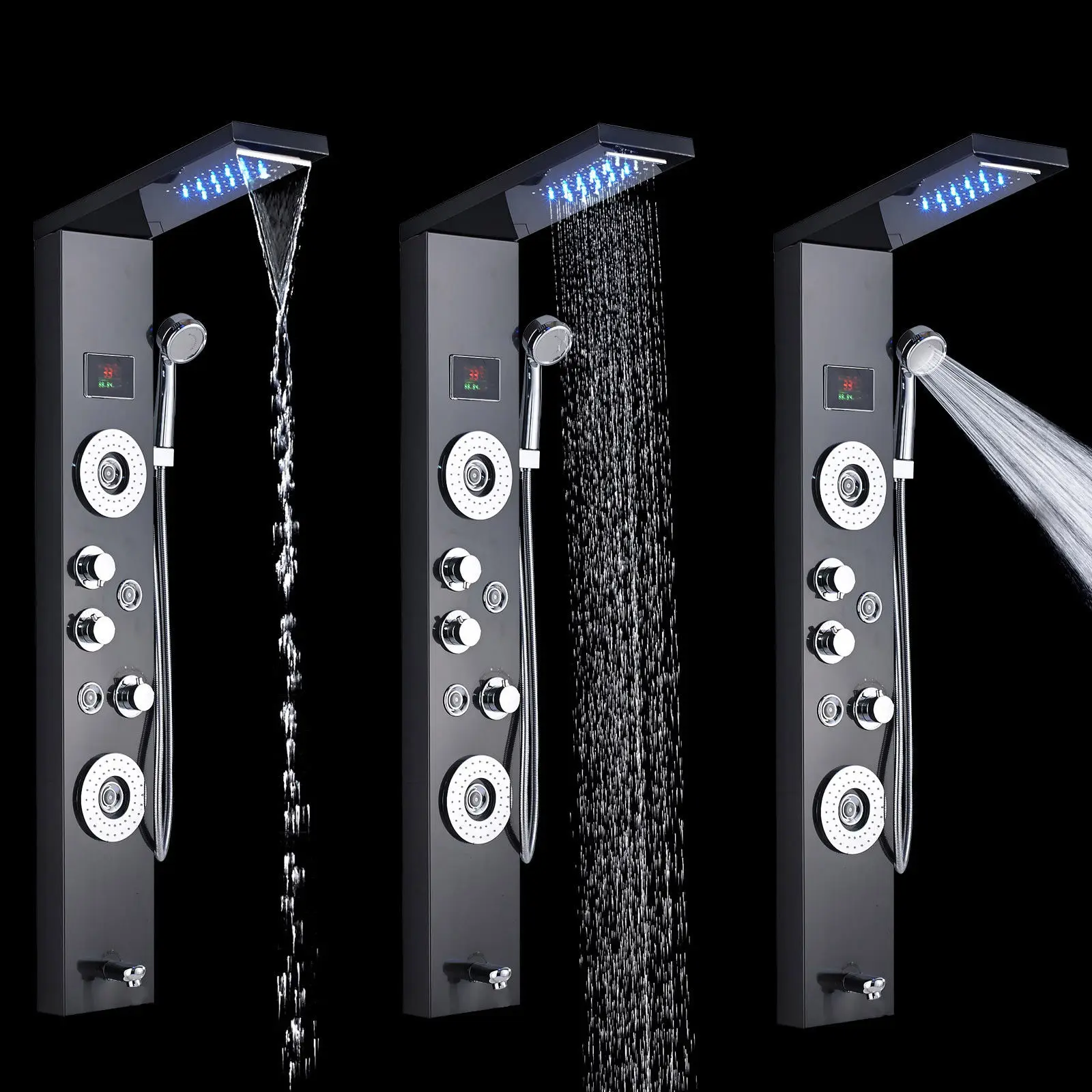 Black LED Waterfall Rainfall Shower Panel Body Massage Jets Hand Shower