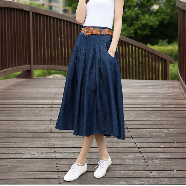 Женская длинная джинсовая юбка, тонкая повседневная юбка большого размера, Женская плиссированная юбка с высокой талией, юбки для женщин S356