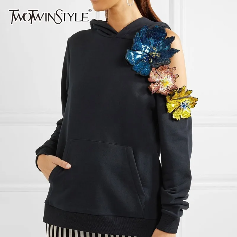 

TWOTWINSTYLE Irregular Women's Sweatshirt Off Shoulder Long Sleeve Embroidery Beading Hooded Pullover Tops Female 2019 Autumn