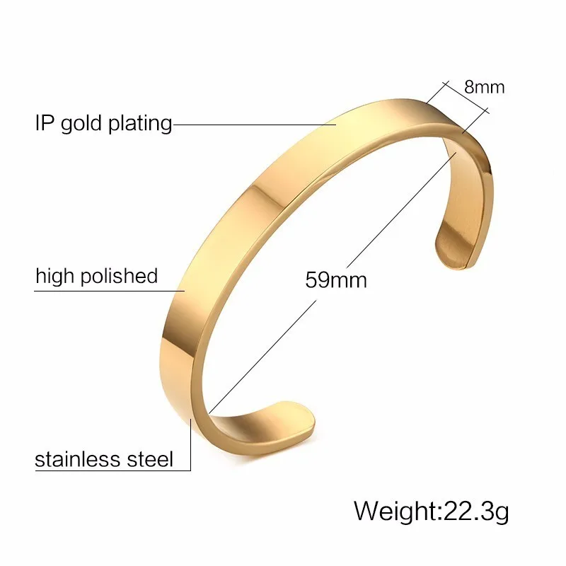 Solid Golden 6mm 8mm Flat Cuff Bangles for Men metal bracelet