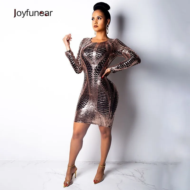 

Joyfunear 2019 O Neck Long Sleeve Bodycon Sexy Dress Women Lining Comfortable Night Clubwear Sequin Dresses Elegant Party Dress