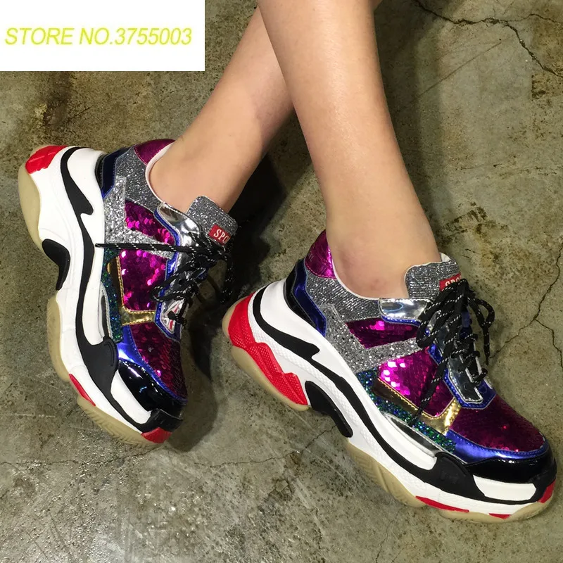 

2018 New Height Increasing Bling Glitter Sneakers Runway Sport Shoes Woman Thick Platform Creepers Female Casual Flats Feminin