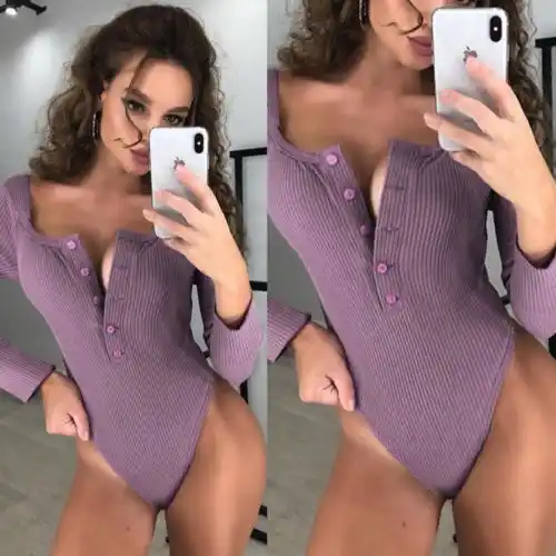 Womens plunge v neck bodycon knit sleepwear bodysuit short romper Clearance