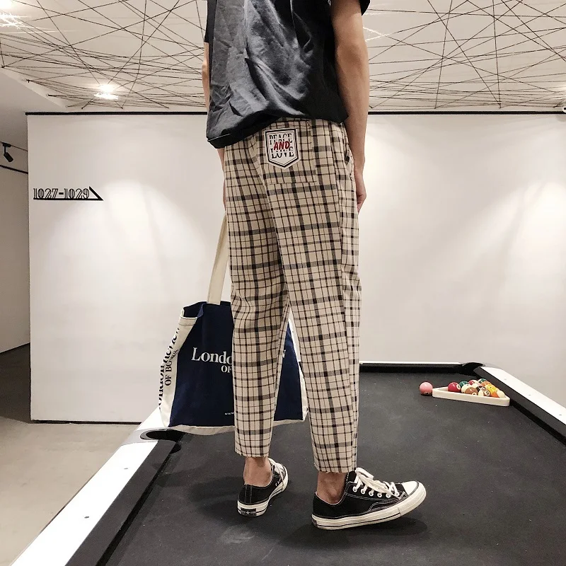 Men's Trousers 19 Spring New Youth Popular Printing Lattice Straight Nine Pants Harem Wide Leg Pants Youth Casual Men's Clothing