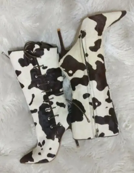 

Women Fashion Milk Cow Real Leather Mid Calf Boots Crossed Straps Thin High Heels Mujer Botte Fashion Cow Leopard Boots Shoes