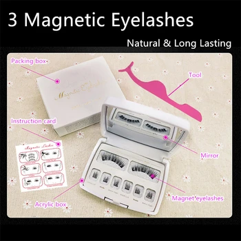 

3D Eyelashes 3 Magnet Hand Make 2 Pairs False Lashes False Eyelashes Magnet Lashes Black/White Box With Mirror And Applicator