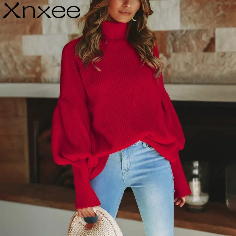 Xnxee Turtleneck red winter sweater women knit Lantern sleeve white sweater female Loose oversized pullover knitted jumper